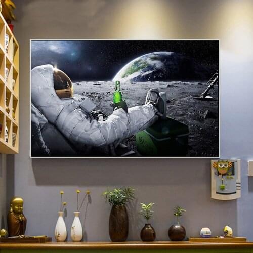 Wall Art HD Printed Canvas Painting Beers Outer Space Earth Astronauts Moon Cuadros Poster Prints Wall Pictures for Home Decor