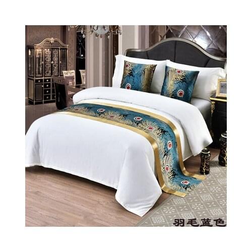 Blue feather Bed Runner Queen Size Bedspreads Scarf Bedding Protection Hotel Bedroom Decor for Wedding No Fading Soft Bed Flag