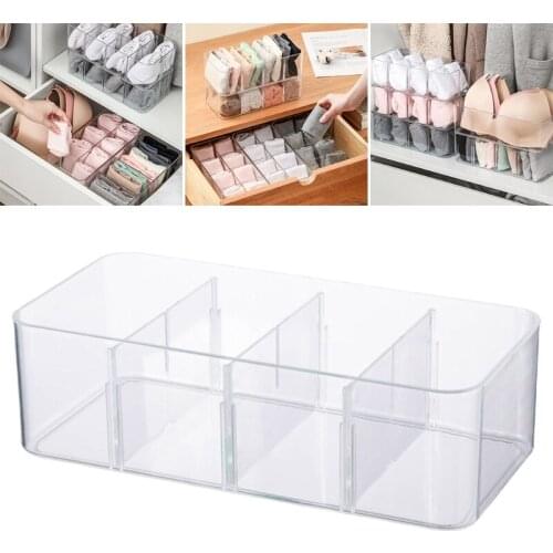T21D Transparent Acrylic Underwear Drawer Organizer Box 4/8 Grids Compartment Divided Closet Storage Bin Stackable Shelf for