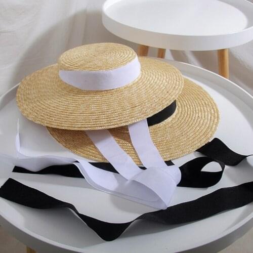 Womens Summer Large Wide Brim Flat Top Straw Sun Hat Vintage Long Ribbon Chin Strap Travel Sunscreen Floppy Beach Cap