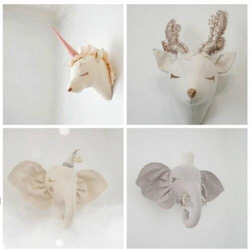 Nordic Childrens Room Decoration 3D Animal Head Sheep Elephant Rabbit Unicorn Wall Ornament Stuffed Toy Art Birthday Present