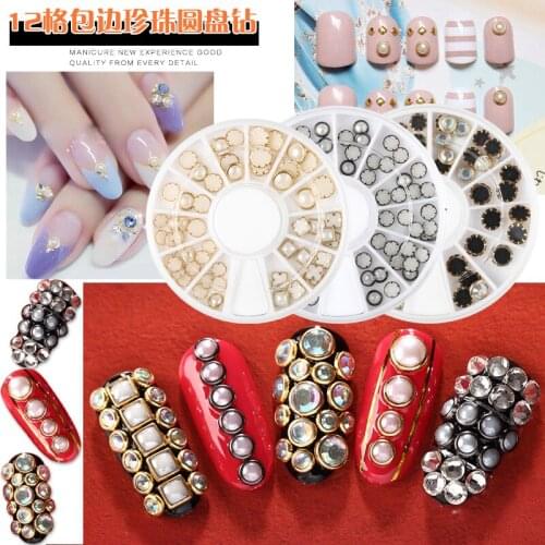 Hot 3Designs Black White AB Beige Color Metal Edge Glitter Nail Beads Studs DIY Beauty Charm Nail Art Pearls Decorations Wheel