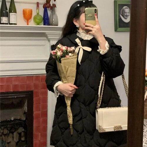 Hstar Retro Girly bow-knot cotton-padded Jacket Winter New Sweet And age-reducing Small Thick mid-length Padded Jacket