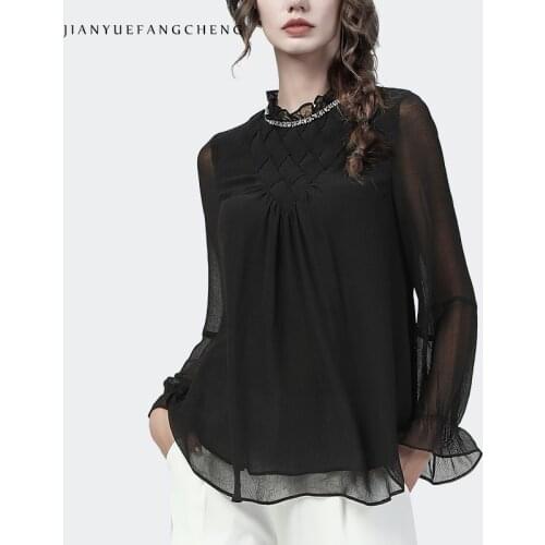 Luxury Stand-Up Collar Beaded Long-Sleeved Chic Womens Chiffon Top 2021 Autumn New Loose-Fitting Female Casual Office Blouses