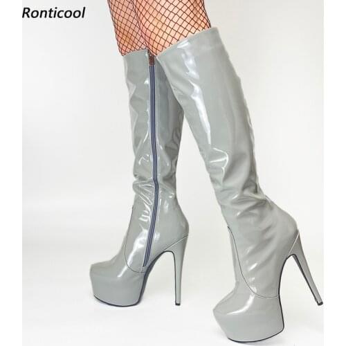 Ronticool Handmade Women Winter Knee High Boots Patent Side Zipper Stiletto Heel Round Toe 6 Colors Party Shoes US Size 5-20