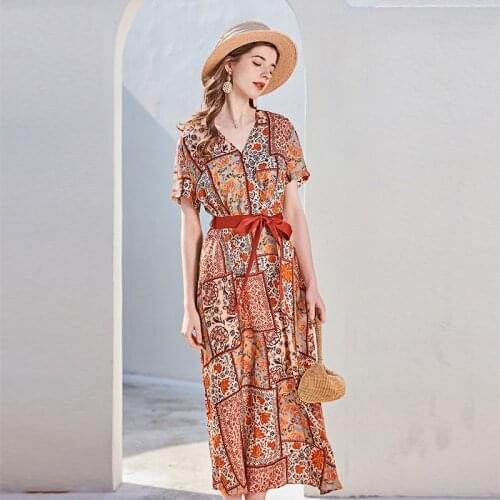 Orange v neck silk floral maxi dress women 2020 summer long work boho beach office sexy party luxury dresses plus size free ship
