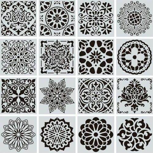 16pcs 15*15 Stencils for Wall DIY Drawing Mandala Style Laser Cut Painting Home Decoration Template for Wood Floor Tiles Fabric1