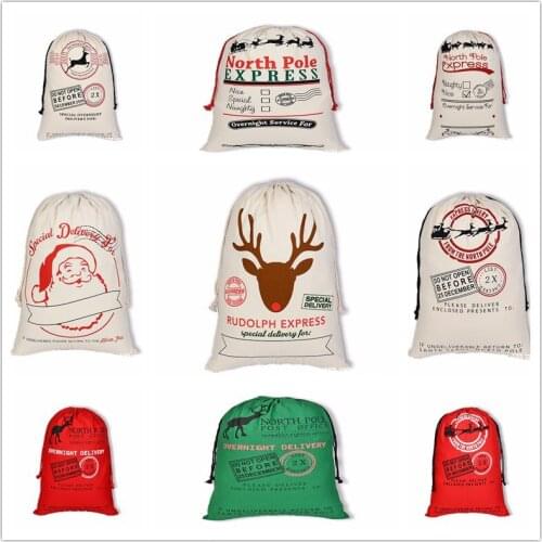 20pcs/lot Christmas Gift Bag Large Canvas Santa Sack Color Elk Organic Heavy Canvas Drawstring Candy Cane Red Strip Bag