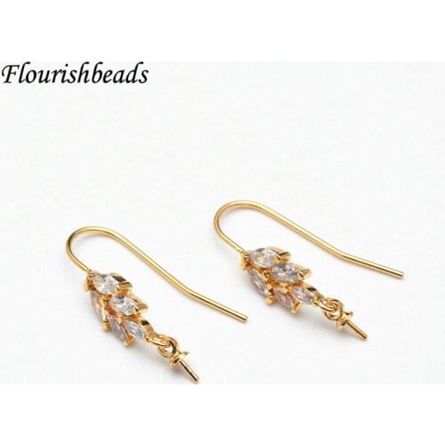 30pcs Anti Rust Real Gold Plating Ear Hooks Paved Rhinestone Earring Connector with Pin DIY Earrings Jewelry Making Components