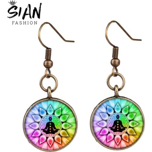 SIAN Rainbow 7 Chakra Long Dangle Earrings Reiki Healing Yoga Buddha Glass Cabochon Gems Meditation Earings Statement Jewellery