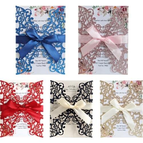 50Pcs Glitter Wedding Invitation With Butterfly Knot Ribbon Cardboard Wedding Ceremony For Business Birthday Party Supplies