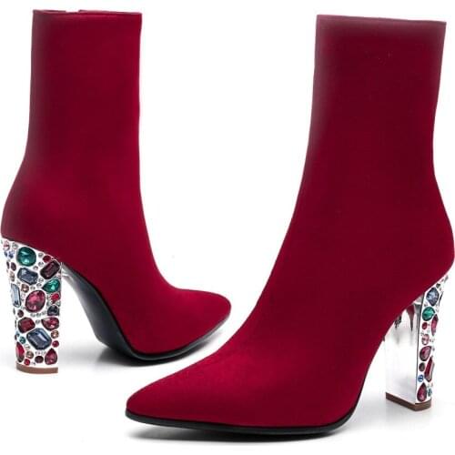 Multi Gem Rhinestone Studded Heels Ankle Boots Chunky High Heel Short Boots Ladies Crystal Heel Pointed toe Bottines Women