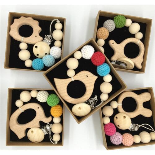Baby Teether Organic Wooden Animal Teether with Clips Natural Teething Grasping Toy Wood Beads Toddler Newborn DIY Chewing Gift