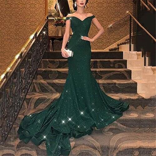 Sparkly Dark Green Mermaid Glitter Evening Dresses Sweep Train Off Shoulder Dubai Prom Dress Formal Gowns