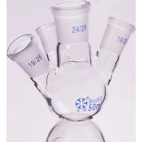 Four-necked flask oblique shape,with four necks standard grinding mouth,Capacity 50ml,Four ground mouth 24/29+19/26+19/26+19/26