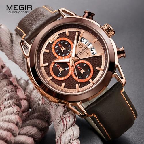 MEGIR Mens Fashion Chronograph Watches Luminous Hands Waterproof Analogue Quartz Wrist Watch for Man Date Indicator 2071GREBN
