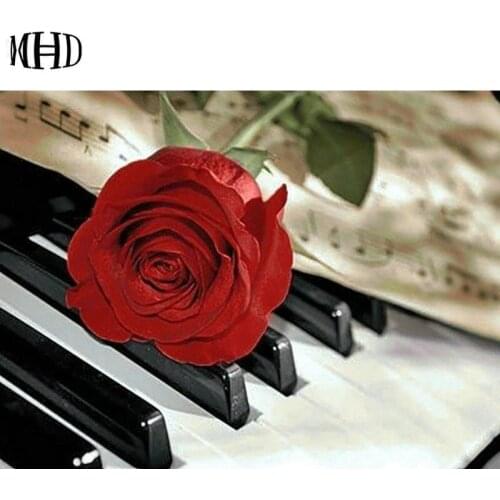 MHD Craft Needlework Diy Crafts Piano Rose Diamond Painting Music Flowers Diamond Embroidery Full Round Diamond Mosaic Picture