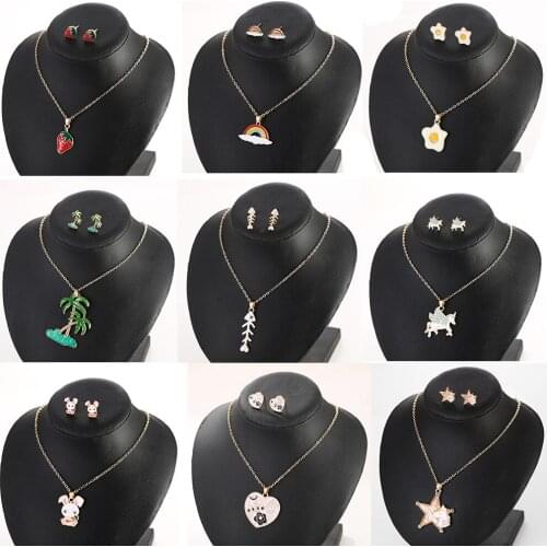Cute Animal Fruit Cartoon Jewelry Set Drop Oil Rainbow Horse Set Unicorn Necklace Earrings for Women Gold Plated Jewelry Set