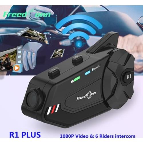 FreedConn R1 plus Motorcycle Bluetooth Headset Waterproof 1080P HD Video Helmet Wifi Recorder 6 Riders Moto Camera Intercom + FM