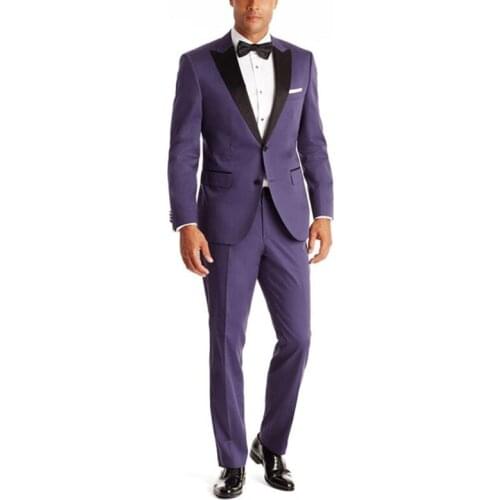 Purple Men Tuxedos With Black Satin Peaked Lapel Groomsmen Best Man Wedding Suits Casual Party Dress Suit Blazer With Pants