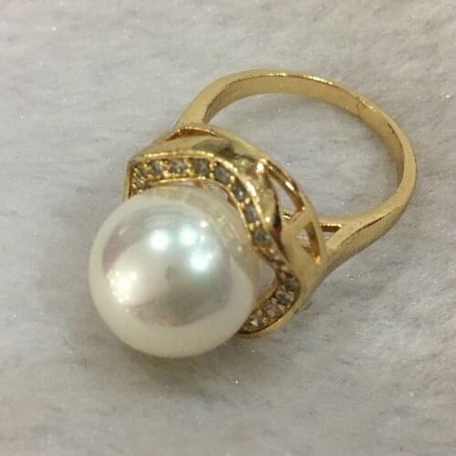 New trend ladys exquisite 18KGP inlay crystal 14mm white shell pearl ring SIZE 6/7/8/9/10