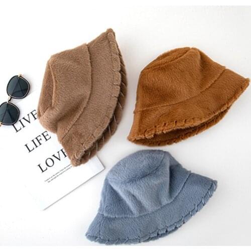 2020 New Faux Fur Fashion Bucket Hats Women Autumn Winter Thicken Warm Fisherman Hat Panama Plush Basin Cap Outdoor Korean Style