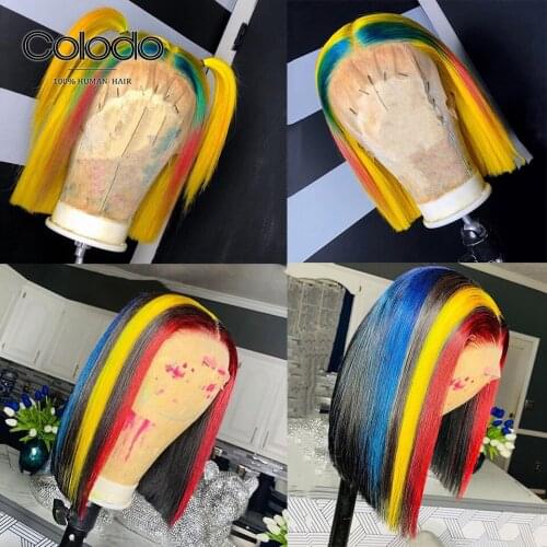 COLODO Rainbow Color Bob Wig Brazilian Remy Yellow Lace Front Human Hair Wigs Pre Plucked Full Lace Wigs for Women