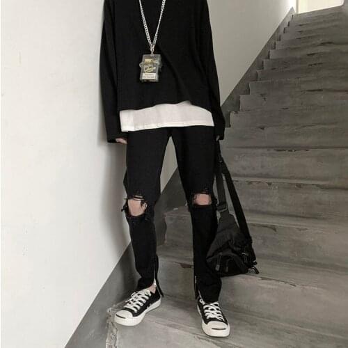 Ripped Black Jeans Hip-hop High Street Washed Denim Trousers Summer Trendy Wild Casual Nine-point Straight-leg Pants Clothing