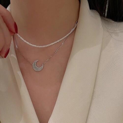 Origin Summer Minimalist Moon Double Layer Chokers Necklace for Women Fashion Shell Rhinestone Necklace Jewelry