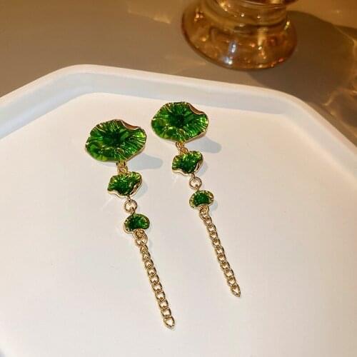 Origin Summer Hyperbole Enamel Green Color Lotus Leaf Pendant Earrings for Women Metal Long Earrings Accessories Pendientes