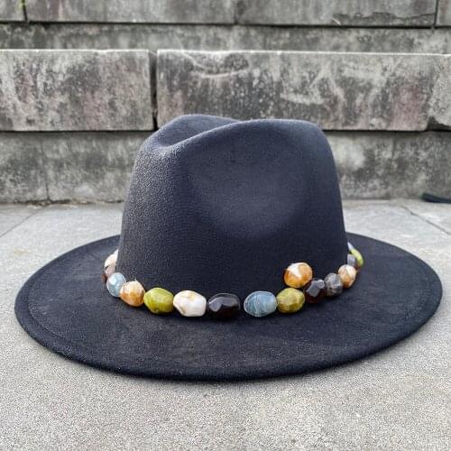 Big Size Wool Women Men Black Fedora Hat Handmade Acrylic Gems Wide Brim Jazz Church Cap Vintage Panama Sun Top Hat