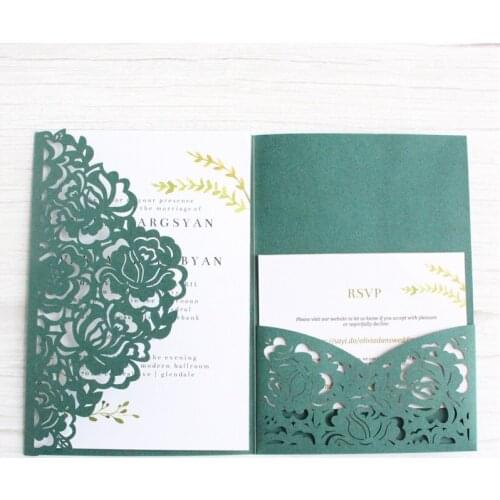 Dark green rose wedding invitations tri-fold pocket personalized printing inserts event party supply