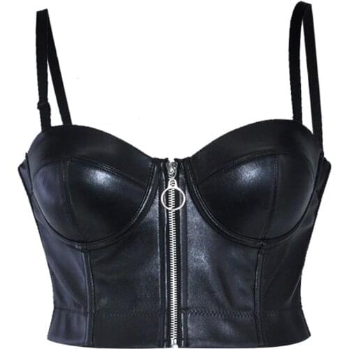Women Sexy Zipper Front Faux Leather Tube Tops Party Club Strap Crop Top Bra Street Style Removable Vogue Tank Tops