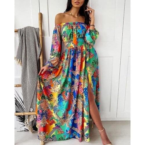 2021 Party dress print dress V-neck pullover retro long-sleeved large swing dress Chic Floral Printed Boheimian Fashion