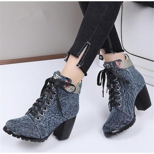 Ankle Boots for Women Chunky High Heel Denim Boots Platform Botas Mujer Ladies Autumn Short Booties Women Pumps