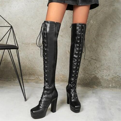 Thigh High Boots Women Sexy Ultra High Heel Platform Boot Female Square head Zipper Over-the-Knee High Dance Fetish Boots 43