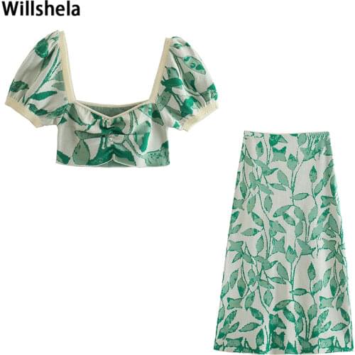 2021 Two piece set Women Fashion Short Puff Sleeves Crop Top Vintage Printed Midi Skirt Summer Woman Outfit Dress Sets Suits