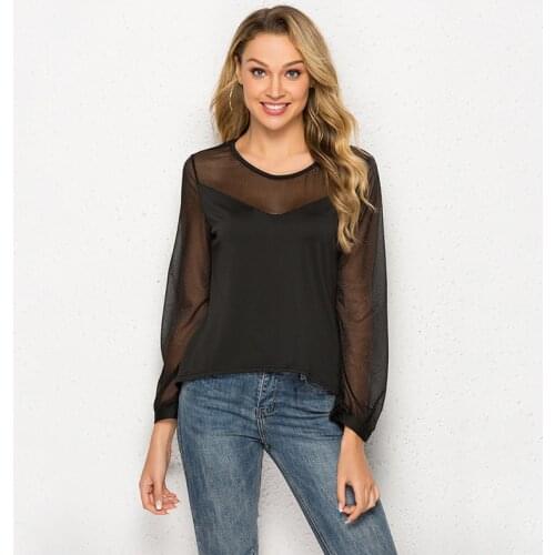 2021 Sexy Women Blouses See Through Transparent Mesh O-Neck Lantern Sleeve Sheer Blouse Shirt Ladies Tops Tee Plus Size
