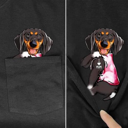 CLOOCL Black Cotton T-Shirts Fashion Pocket Dachshund I Love Mom for Dog Lover Printed TShirts Casual Harajuku Funny Cotton Tees
