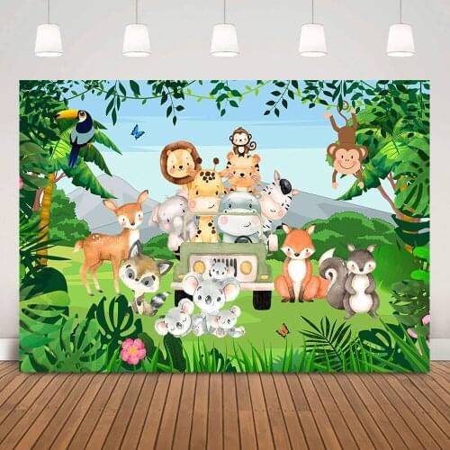 Wild Animals Happy Birthday Background Safari Party Backdrop Decorations Green Jungle Woodland Forest Birthday Photo Shoot Props