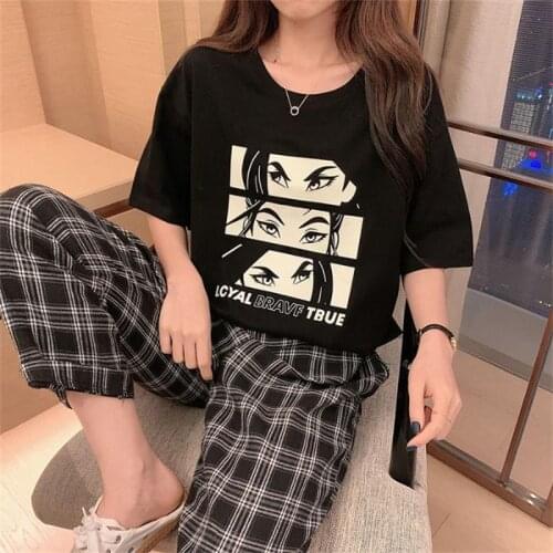 Retro Ins Casual Loose Cartoon Tshirt Female Korean Harajuku Womens T-shirts Tops Japanese Kawaii Ulzzang Clothes For Women