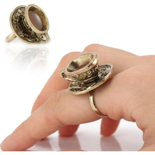 Hot Sale Retro Women Coffee Cup Ring European Designs Artificial Bronze Metal Rings Jewelry AIC88