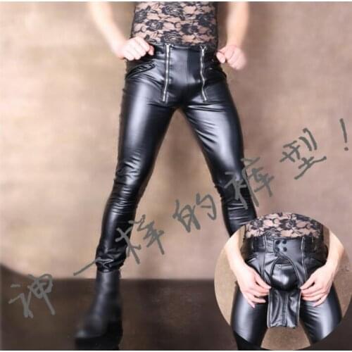 Personality High elasticity PU leather trousers mens pants mens feet trousers Tight motorcycle fashion street novelty black