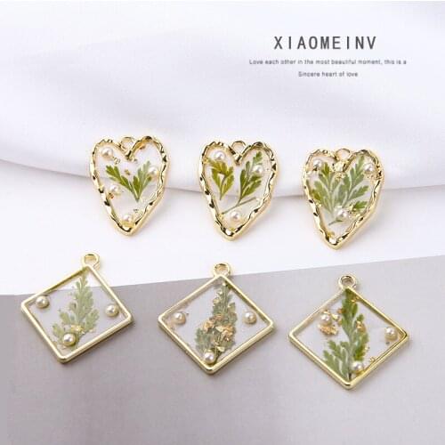 6pcs Korean Sweet Earrings For Women Girl Cute Diy Jewelry Accessories Transparent Gold Foil Dried Flower Pearl Love Pendant