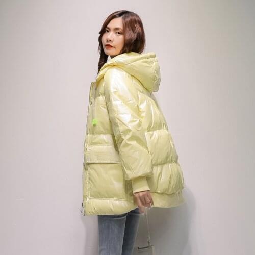 Short Glossy Down Coats Korean Loose White Duck Down Jacket Parka Female White/Pink/Yellow Down Parka Coat Ladies Hooded Tops