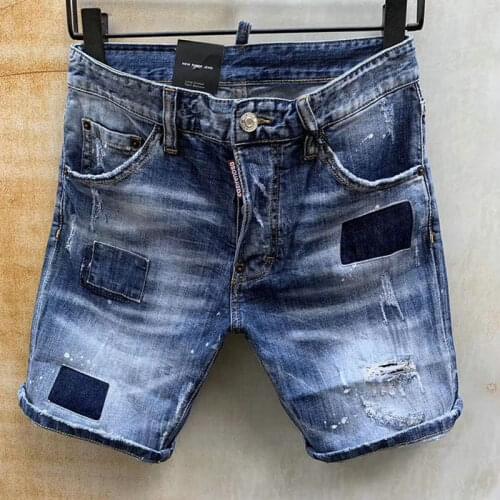 Summer New D2 Denim Shorts Fashion Hole Patch Broken Ink Paint Slim Slightly Elastic Blue Five-Point Shorts
