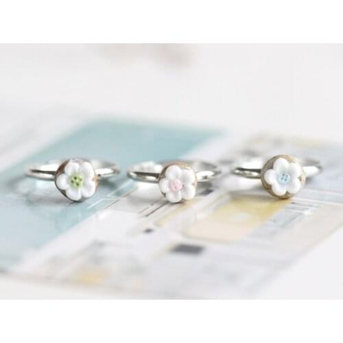 Cute Trendy Blue Red Flower Rings for Women Girl Finger Ring Ceramic Handmade Jewelry Vintage Style