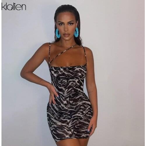 KLALIEN Sexy Print See Through Mesh Strap Dresses Y2K For Women Streetwear Wild Slim Stretch Club Beach Dress Female Activewear