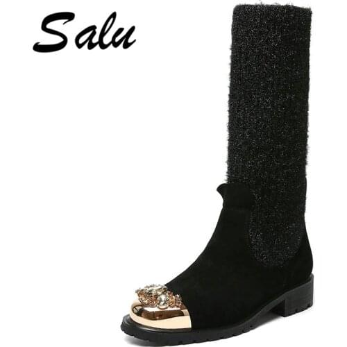 Salu Winter Mid Calf Boots Women Genuine Leather Platform Med Heel Wool Warm Ladies Shoes Fashion Motorcycle Boots