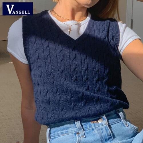 Vangull Girl Sweater Vest Women Jumper V Neck Pullover Knitted Vests Women Preppy Style Crop Top Autumn 2020 Solid Clothing